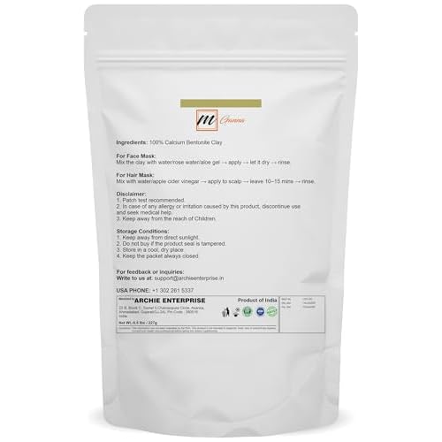100% Natural Calcium Bentonite Clay Powder for Facial Masks, Creams, Body Wraps and Soap Making 0.5 LBS / 227 GMS