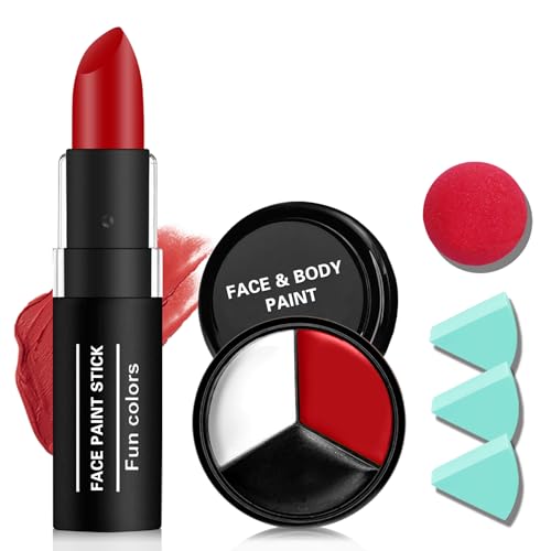 Halloween Joker Clown Makeup Kit, White Black Red Face Body Paint with Red Clown Nose, Professional Halloween SFX Cosplay Makeup Kit for Adults