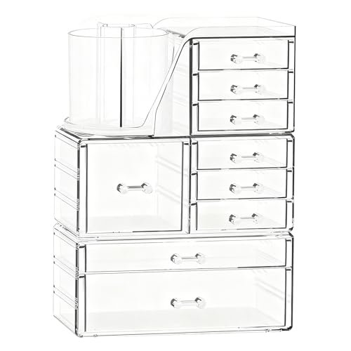 ShineMe Clear Makeup Organizer, 3 Tier Stackable Makeup Storage Organizer with Rotating Brush Holder & 9 Drawers, Acrylic Countertop Makeup Organizer for Vanity Skincare Jewelry and Hair Accessories