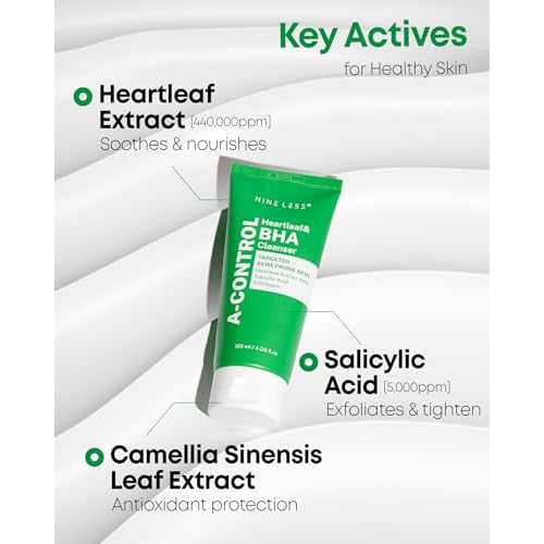 NINELESS A-Control Heartleaf & BHA Cleanser ? Korean Exfoliating Face Wash with Salicylic Acid for Clear Skin ? Blackhead Remover, Deep Pore Cleansing, 4.05oz.