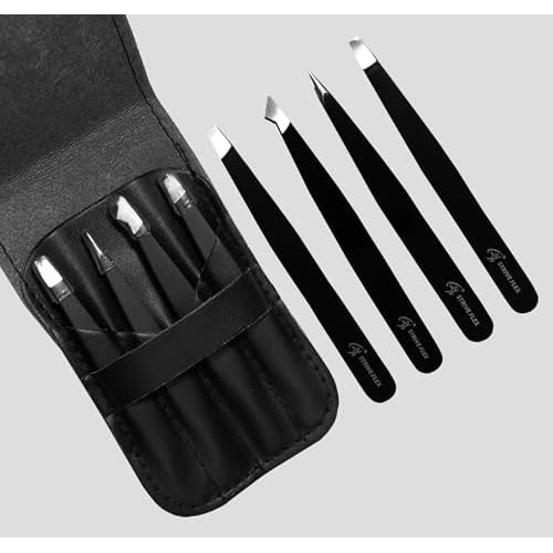 4Pcs tweezers for Women with Travel Case, Tweezers for Eyebrows - Great Precision Splinter Tweezers and Ingrown Hair Removal Professional Stainless Steel (Black)