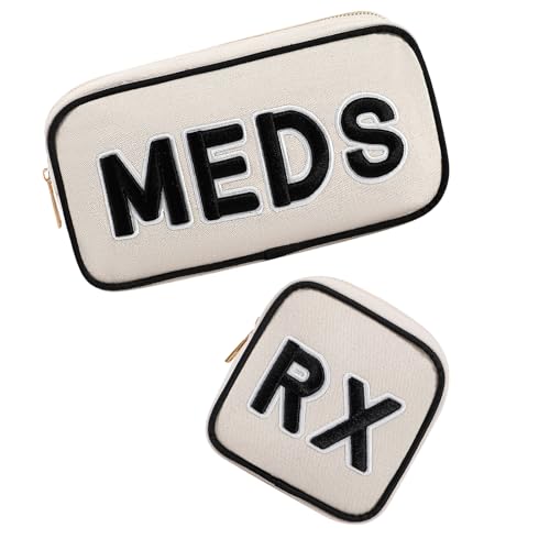 2Pcs Small Canvas Rx MEDS Medicine Packages, Cute Chenille Letter Patch Drug Makeup Bag with Metal Zipper, Mini Travel First Aid Purse Organizer Machine Washable (05RX and MEDS)