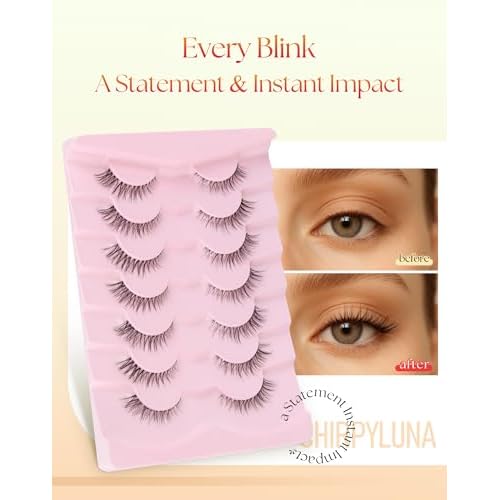 Eyelashes Natural Lashes Cat Eye 12MM Fake Eyelashes Wispy C Curl Lash Strips False Lashes with 0.1MM Clear Band 3D Volume False Eyelash Pack ChirpyLuna 7 Pair