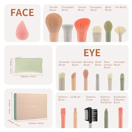 Docolor Makeup Brushes 17+2 Pcs with Makeup Bag and Makeup Sponge and Brush Protector Morandi Makeup Brush Set Premium Synthetic hair makeup brush Wooden handle Gift Box
