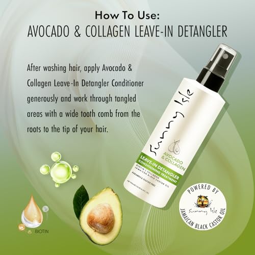 Sunny Isle Avocado & Collagen Leave-In Detangler Conditioner - Biotin, Jamaican Black Castor Oil, Paraben Free - 8 oz