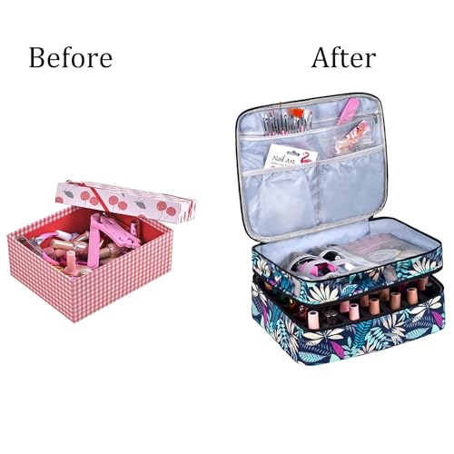 Double-Layer Nail Polish Organizer-Holds 42 Bottles, Nail Polish Storage with Handle, Nail Bag Organizer Case for Professional Manicure Kit & Travel (Leaf, 42 Bottles-Small)