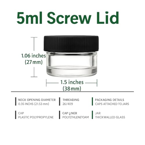100 Pack 5ml Jar Screw Lid Black - Small Glass Cosmetic Packaging Container for Cream, Wax, and Balms