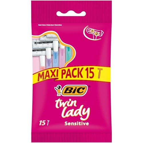 BIC Twin Lady Sensitive Razors, Disposable Razors with Two Blades for a Smooth and Precise Shave, Pack of 15