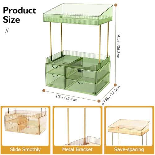 SNSLXH 4 Drawers Makeup Organizer - 4 Tier Makeup Storage, Cosmetics Organiser, Ideal for Cosmetic, 4 Dividers with Drawers for Countertop, Bathroom, Office Supplies, Dresser Transparent Green