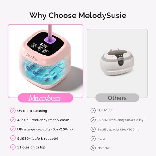 MelodySusie 2 in 1 Nail Tool Cleaning Machine, 3 Timers Mode for Nail Drill Bits, Nail Art Brush, Nail Clipper, Jewelry Cleaning, Salon & Home Use, Pink,DL-160