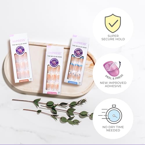 KISS imPRESS No Glue Mani Press On Nails, French, 'Fearless', Light Neutral + White Tip French, Medium, Almond Shape, Includes 30 Nails, Prep Pad, Instructions Sheet, 1 Manicure Stick, 1 Mini File