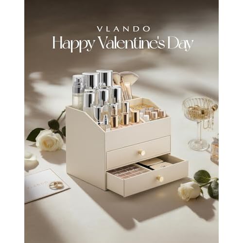 VLANDO Makeup Organizer for Vanity,Large Capacity Countertop Organizer with Drawers, PU Leather Cosmetic Display Case for Lipstick,Brushes,Skincare,Bedroom Storage (Beige)
