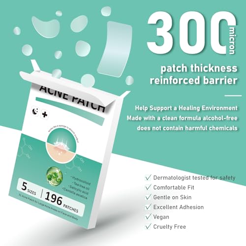 Large Hydrocolloid Pimple Patches for Face, Variety Pack 5 Sizes 196 Count, XL Invisible Acne Spot Dots Stickers for Chin, Nose, Back, Forehead Zits, Blemishes & Breakouts, Tea Tree Oil Salicylic Acid
