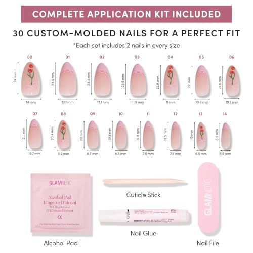 Glamnetic Press On Nails - Cherry Bow | Medium Almond Fake Nails with Pink French Tips, Lace Trim & 3D Cherry Accents in Glossy Finish, Salon Quality | 15 Sizes - 30 Nail Kit with Glue