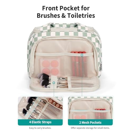 Narwey Checkered Travel Toiletry Bag for Women Large Makeup Bag, Wide-open Cosmetic Make Up Organizer with Handle, Travel Bag for Toiletries, Essentials, Accessories (Mint Green Checkerboard)