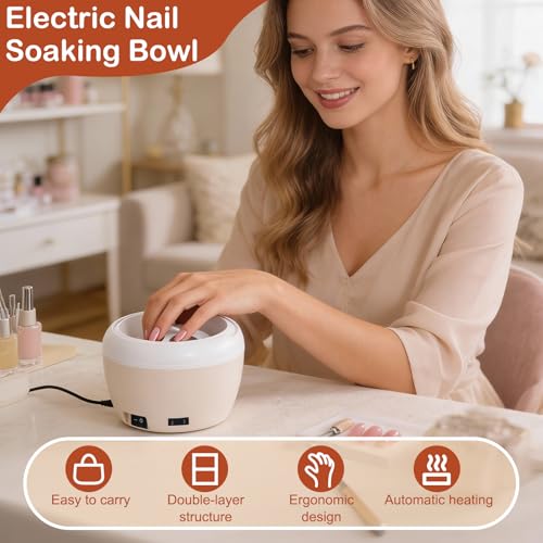 Electric Nail Soaking Bowl, Gel Nail Polish Remover Machine, Gel Heated Nail Remover Bowl Machine with Nail Files Cuticle Pusher for Home Salon