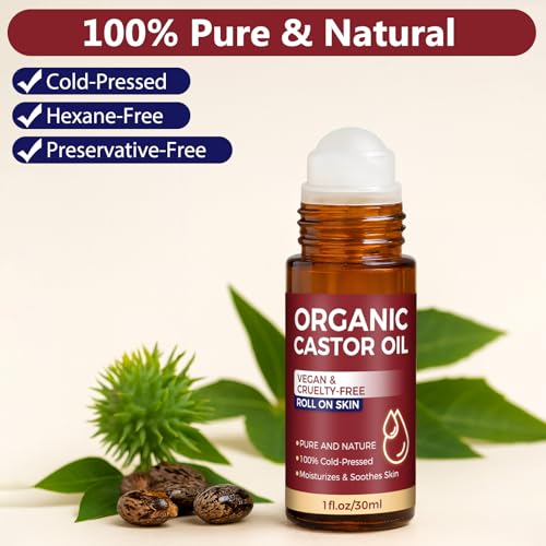 Organic Castor Oil Roll on, Castor Oil Roller Ball for Eyes, Face, Body Skin, Hair and Belly Button, Cold Pressed Unrefined, in Glass Bottle, Travel Size (1Fl Oz)