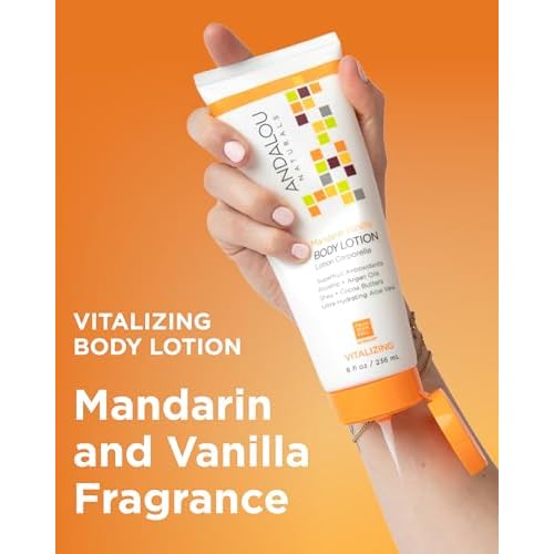 Andalou Naturals Vitalizing Body Lotion Mandarin Vanilla - Hydrating Daily Moisturizer to Nourish Dry Skin - With Shea Butter, Cocoa Butter, Rose Hip Oil, Argan Oil, & Aloe Vera - 8 fl oz