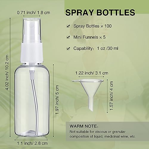 Uiifan 100 Pcs Mini Clear Spray Bottles 1 oz Small Empty Plastic Fine Mist Spray Bottles with Small Funnels for Essential Oils Travel Alcohol Perfumes