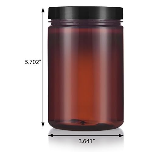 (6 pack) 25 oz Large Amber PET Plastic Refillable Jar with Black Smooth Foam Lined Lid