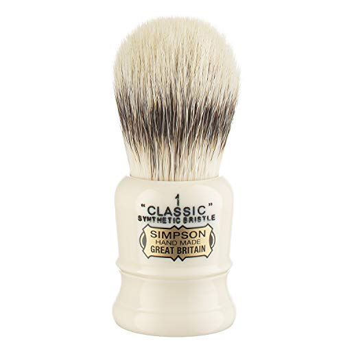 Simpsons Classic 1 - CL1 Synthetic Platinum High density Fibre Faux Handle Ivory Shaving Brush - Simpson Shaving Brushes - Wet Shave Deluxe Thick & Luxurious Lather Handle Dense & Extra Soft Bristles