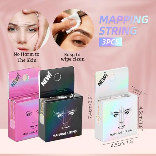 ATOMUS Eyebrow Mapping String 3 Pack Pre-inked 20m(65.6ft) Microblading String for Brow Marking 3 Colors Black White Pink Measuring String for Eyebrow Makeup