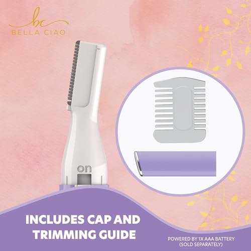 Bella Ciao Eyebrow and Bikini Trimmer for Women, Gentle Electric Facial Hair Removal Device, Battery Operated Precision Hair Trimmer with Dual-Sided Trimming Guide, Protective Cap