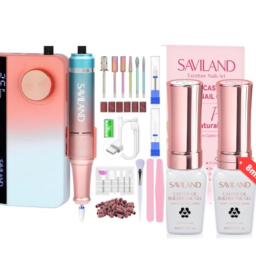 SAVILAND Electric Nail Drill Professional with Clear Pink Builder Nail Gel: 2024 Beautiful Gradient Sunset Color Scheme Nail Drill Machine |40000RPM PRO Nail Drill Kit Portable Nail File & Buffers