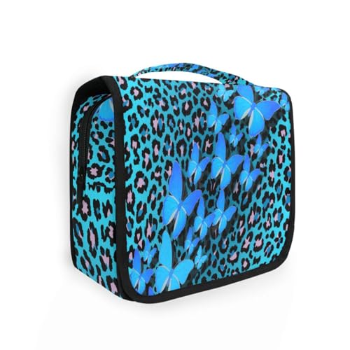 Hanging Toiletry Bag for Women Blue Leopard Butterfly Print Makeup Bag Travel Essentials Toiletries Organizer Bag Cheetah Print Cosmetic Bag Foldable