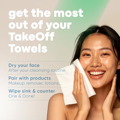 Takeoff Face Towels, 10"¡¿12" XL Face Disposable + Compostable, Ultra Soft Makeup Remover Dry Wipes, Thick Face Towel w/Dual Texture For All Skin Types incl. Sensitive, 50 Count x 4 Pack (200 total)