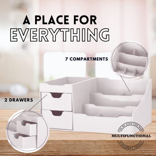 Mantello Cosmetic Storage Organizer - Sitting on Your Vanity, Bathroom Counter or Dresser - Easily Organize Your Cosmetics, Jewelry, Hair Accessories (White)