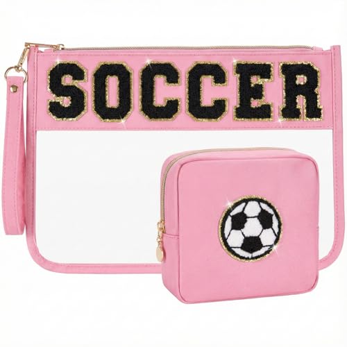 Soccer Gifts, Easter Basket Stuffers, Soccer Makeup Bag with Chenille Letter, Sports Fan Birthday Gift, Soccer Lover & Team Gifts, Gift for Daughter Son Her Him Friends