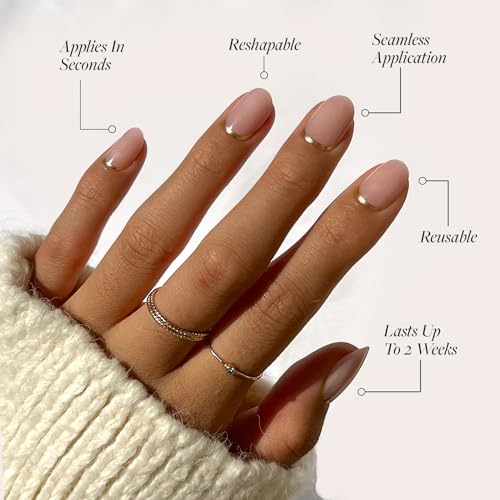 Glamnetic Press-On Nails & Adhesive Nail Tabs - Goal Digger | Glossy, Semi-Transparent, Short Round Nails with Gold Foil, Reusable | 12 Sizes - 30 Nail Kit