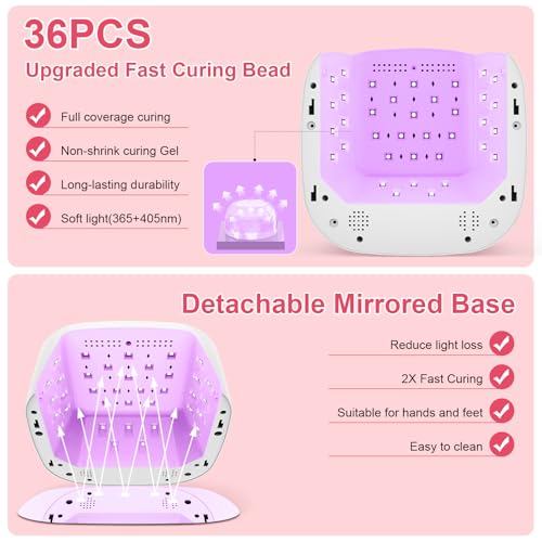 Cordless UV LED Nail Lamp, 80W Rechargeable Nail Dryer with 4 Timers, Atmosphere Light & Mirror Base, UV Light for All Gel Nails, Ideal for Training,Nail Art Practice,Home & Salon Use (White)