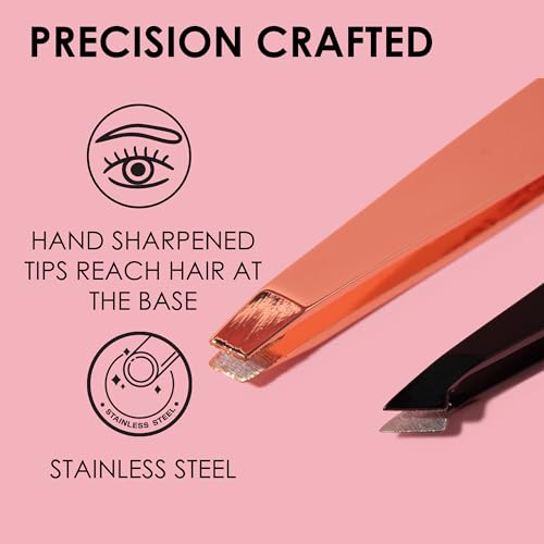 JAPONESQUE Pointed-Slant & Slant Tweezers, 2 Pack for Eyebrow Grooming, Facial Hair Removal, Rose Gold and Black, Stainless Steel