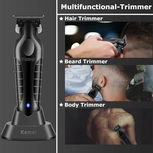 KEMEI 2299 Hair Trimmer for Men with Charging Dock, Professional Cordless T-Blade Clippers for Edging & Lining, Barber Zero Gap Trimmers, USB Rechargeable Kit with Storage Base (Black)