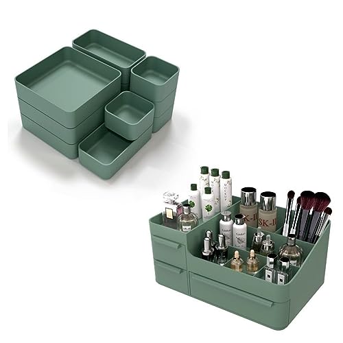 CHANCETSUI Makeup Organizer Stackable Drawer Organizer Set, Bathroom Desk and Vanity Countertop Organizer Trays Cosmetics Display for Brushes, Lotions, Perfumes, Lipstick and Nail Polish, Green