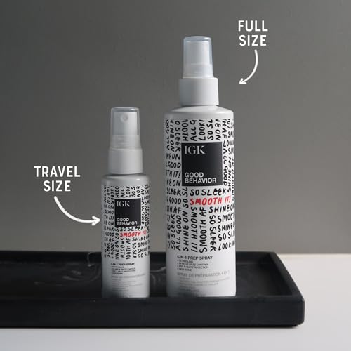 IGK GOOD BEHAVIOR 4-in-1 Prep Spray | Full + Travel Size | Gently Detangles, Controls Frizz for 24 Hours, Heat Protection & Shine | Weightless Formula for Smooth Hair