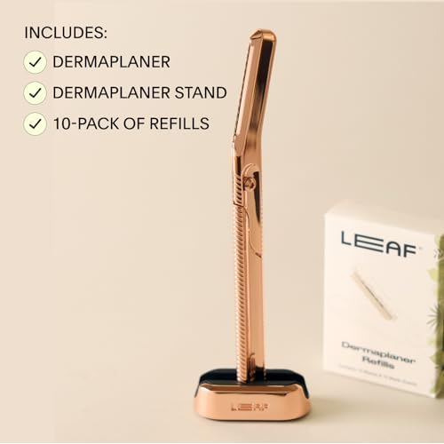 Leaf Shave | Leaf Dermaplaner Kit, All-Metal Reusable Dermaplane Razor and Exfoliating Tool for Women, Includes Matching Stand and 10-Pack of Refills - Chrome