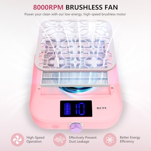 BETE Cordless Nail Dust Collector, 1800PA Powerful & Quiet Suction for Acrylic Nails Polishing, Rechargeable 6600mAh Battery with LED Display & Adjustable Speed, Perfect for Salon and Home Use, Pink