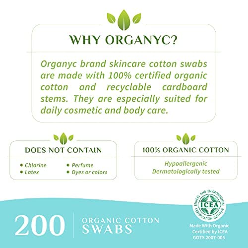 Organyc - 100% Certified Organic Cotton Swabs - No Man-Made Materials 200 count (6 Pack)