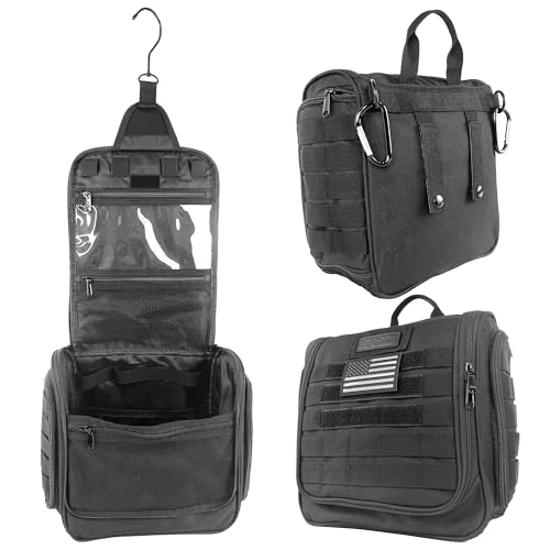 Chef Sac Tactical Toiletry Bag Dopp Kit, Hanging Travel Organizer with 12 Compartments, MOLLE Webbing, Detachable Paracord Handle, Heavy Duty Zippers, Mens Shower Bag for Travel