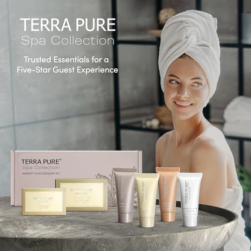 Terra Pure Spa Collection Amenity Kit | Hotel Bulk Toiletries | 0.85 oz Shampoo, Conditioner, Lotion, Body Wash, Massage Bar for Guest Hospitality Vacation Rentals | 15 Sets/Case