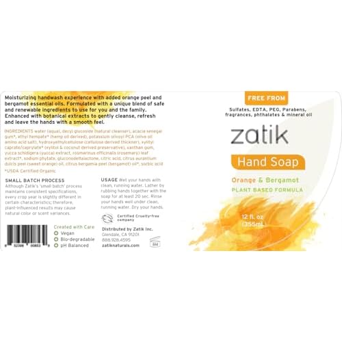 Zatik Naturals - Liquid Hand Soap with Orange & Bergamot, Moisturizing Handwash, Grey Water Safe, 12 fl oz (Pack of 6)