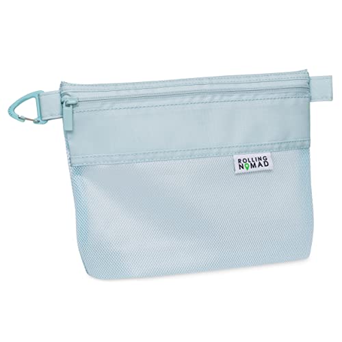 Rolling Nomad 10.2x7.6x0.4 Waterproof Travel Pouches, Light Blue Medium Mesh Zipper Pouch for Travel, Pencil, Toiletry Bags, Cosmetics, Organizer, Luggage