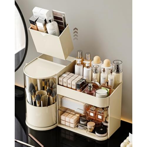 Makeup Organizer with Rotating Brush Holder Cosmetic Organizer with Drawers Countertop Skincare Organizer for Vanity,Cosmetic Display Case Storage (Cream, Large)