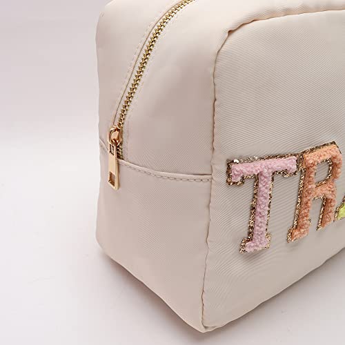 Extral Large Cosmetic Bag Makeup Pouch Bag Case Nylon With Chenille Letter Patches (Beige#TRAVEL, XL)