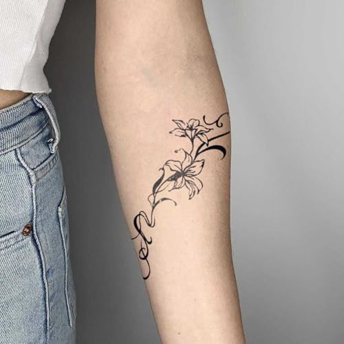 Semi Permanent Tattoo, 2 Sheets Lily Temporary Tattoo for Women Girls, Realistic Flower Tattoos for Waist Arm, Minimalist Line Floral Tattoos, Lasts 1-2 Weeks, Waterproof & Non-reflective