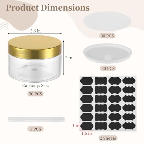 30 PCS 8 oz Plastic Lotion Containers with Lids, Refillable Clear Cosmetic Jar with Leakproof Gasket & Inner Pull Tab, Empty Round Sample Container for Cream Lotion Body Butter Makeup Travel Storage