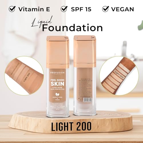 Profusion Cosmetics Feel Good Skin Foundation ? Radiant Satin Finish, Buildable Coverage with SPF 15 Sun Protection, Hydrating, Lightweight, Vegan & Cruelty-Free Makeup (Light 200, 1)